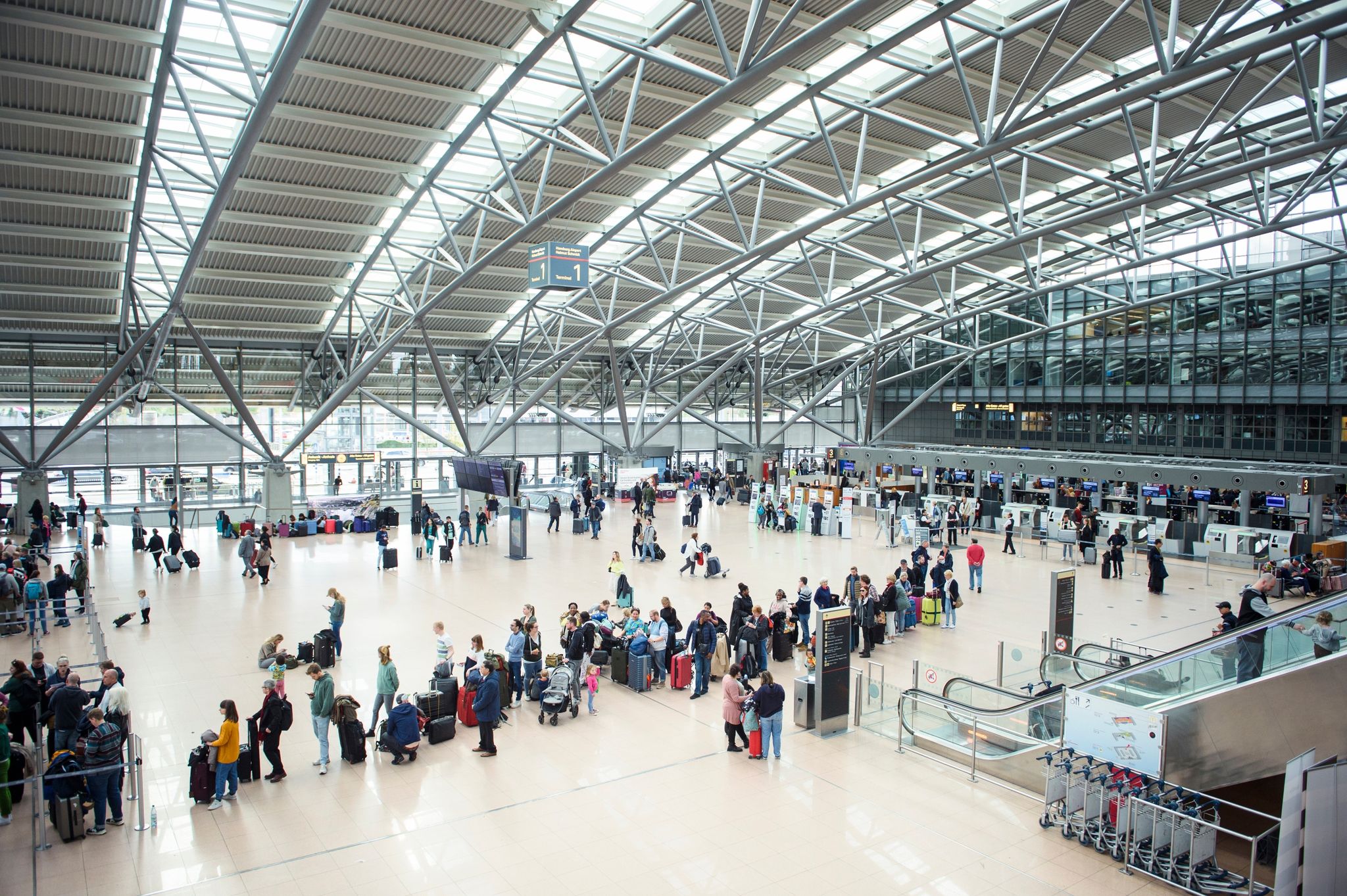 Reisende stehen im Terminal des Flughafen Hamburg mit ihrem Gepäck in einer Warteschlange an einem Check in-Schalter. Foto: Gregor Fischer/dpa