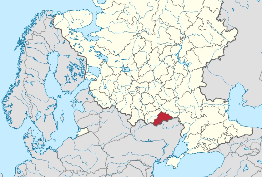 Rot markiert: Oblast Belgorod. „ File:Map of Russia – Belgorod Oblast.svg “ by Stasyan117 is licensed under CC BY-SA 4.0 . (cropped & edited)