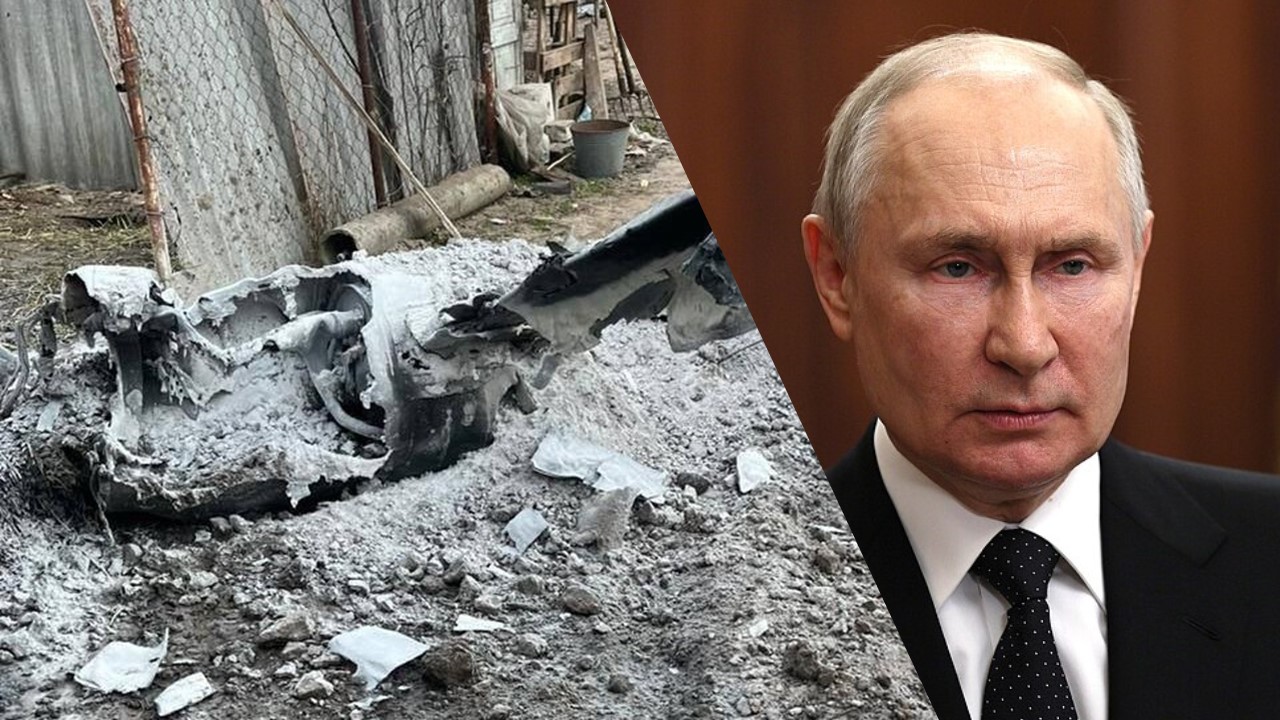 Collage by News in Five // Abgeschossene Kh-555 / Archivbild (cropped) / "Kyiv Oblast after Russian missile attack, 2023-05-09 (13)" by National Guard of Ukraine is licensed under CC BY 4.0. Wladimir Putin / Archivbild / Vladimir Putin (24.06.2023) by Kremlin.ru licensed under CC BY 4.0 (cropped) https://creativecommons.org/licenses/