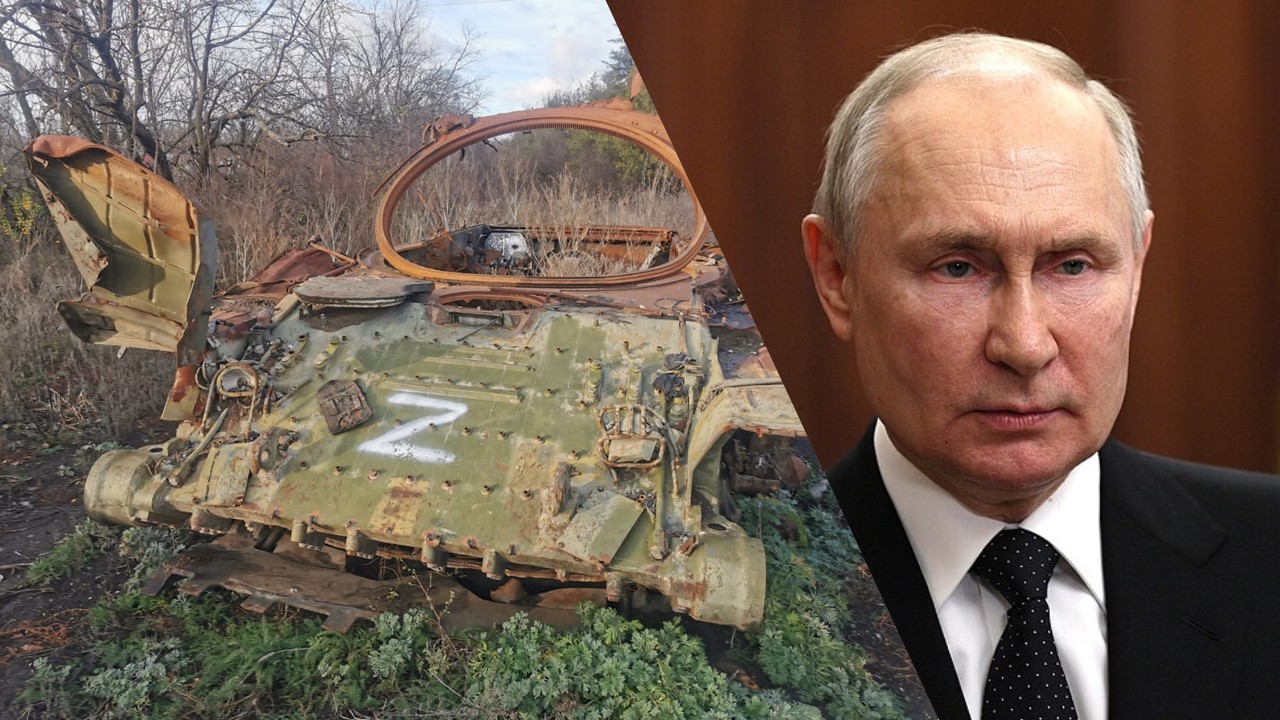 Collage by News in Five // Russischer Panzer-Schrott (cropped) / by mil.gov.ua licensed under CC BY 4.0. Wladimir Putin / Archivbild / Vladimir Putin (24.06.2023) by Kremlin.ru licensed under CC BY 4.0 (cropped) https://creativecommons.org/licenses/