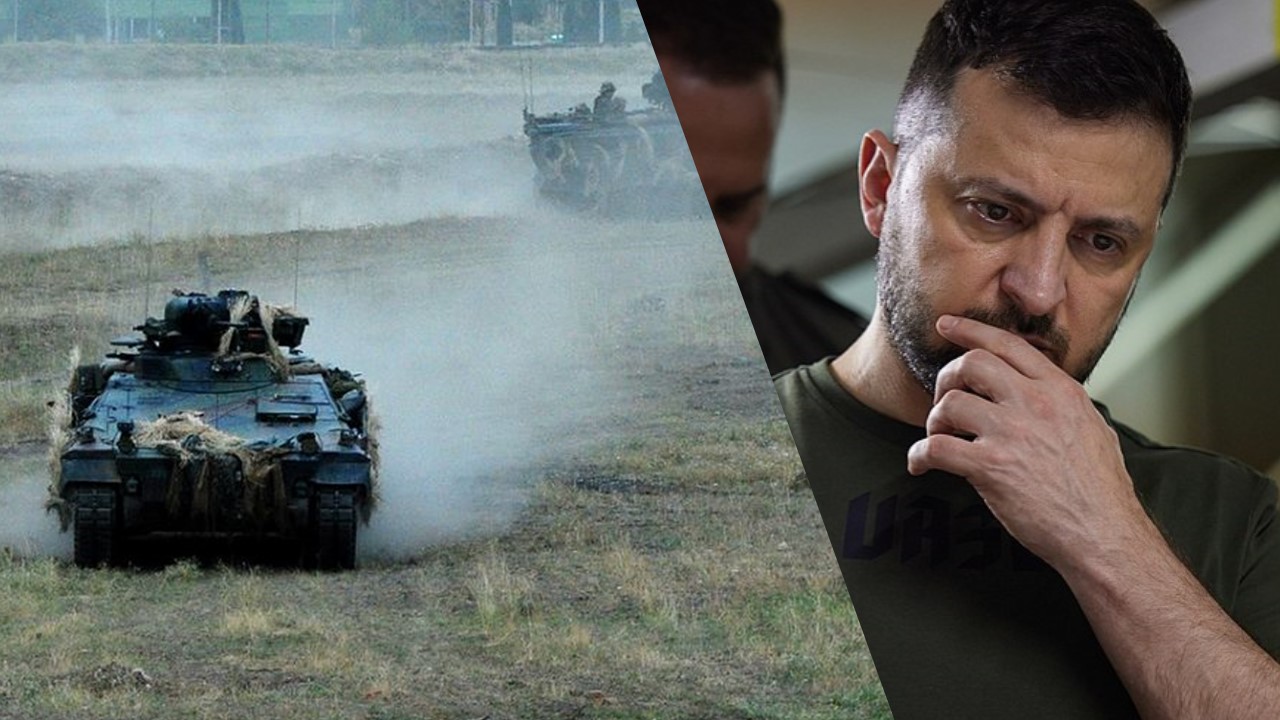 Collage: News in Five / // Marder Schützenpanzer bei einer Übung / Archivbild / by U.S. Army Europe / Public Domain Mark 1.0. / Wolodymyr Selenskyj / Archivbild / by PRESIDENT OF UKRAINE VOLODYMYR ZELENSKYY Official website is licensed under CC BY 4.0. (cropped) https://creativecommons.org/licenses/