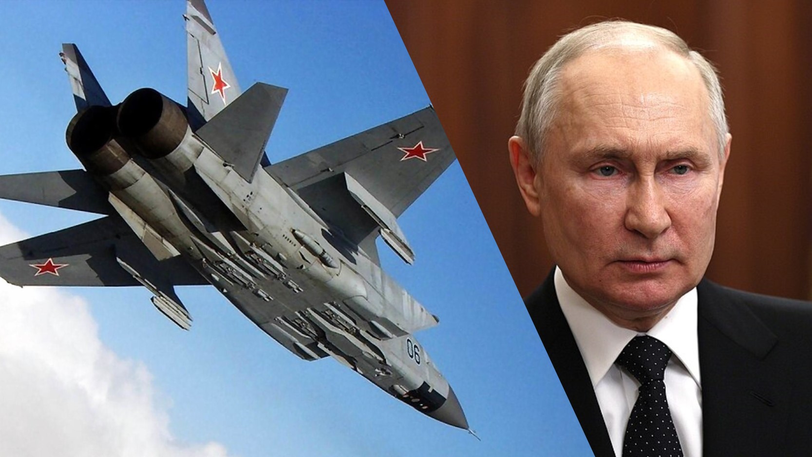 Collage by News in Five // MiG-31 / Archivbild (cropped) / by aeroman3 is marked with Public Domain Mark 1.0. Wladimir Putin / Archivbild (cropped) / by Kremlin.ru licensed under CC BY 4.0 https://creativecommons.org/licenses/