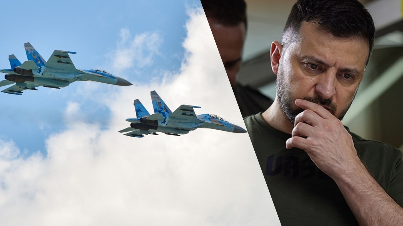 Collage: News in Five / Zwei ukrainische Su-27 / Archivbild (cropped) / File:Poroshenko Chuhuiv air base Su-27 pair Ukraine Air Forces.jpg by Unknown author is licensed under CC BY-SA 4.0. https://creativecommons.org/licenses/by-sa/4.0/ Wolodymyr Selenskyj / Archivbild / by PRESIDENT OF UKRAINE VOLODYMYR ZELENSKYY Official website is licensed under CC BY 4.0. (cropped) https://creativecommons.org/licenses/