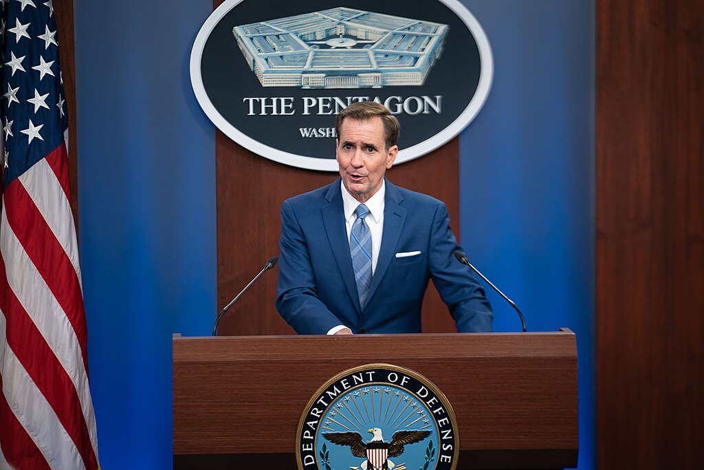 Pentagon Press Secretary John F. Kirby speaks at a press briefing on the Afghanistan withdrawal at the Pentagon, Washington, D.C., Aug. 16, 2021. (DOD Photo by Navy Petty Officer 1st Class Carlos M. Vazquez II)