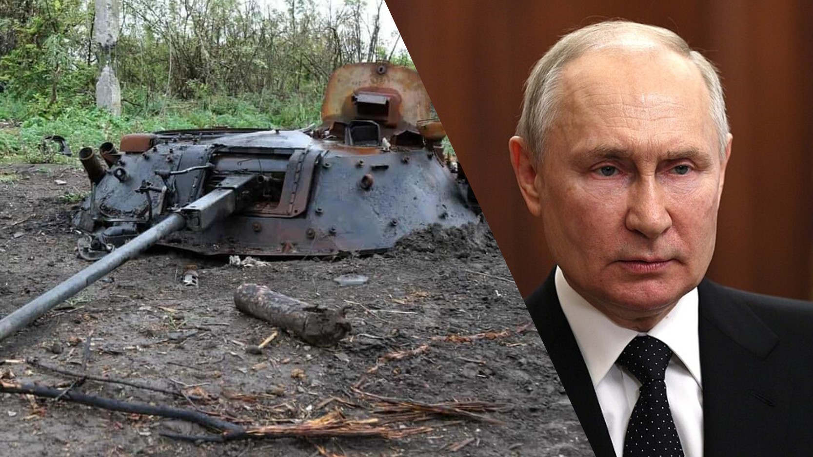 [Collage by News in Five // Panzerschrott / Archivbild (cropped) / by Armyinform / CC BY 4.0. / / Wladimir Putin / Archivbild (cropped) / Vladimir Putin (24.06.2023) by Kremlin.ru/ CC BY 4.0 (cropped) https://creativecommons.org/licenses/]