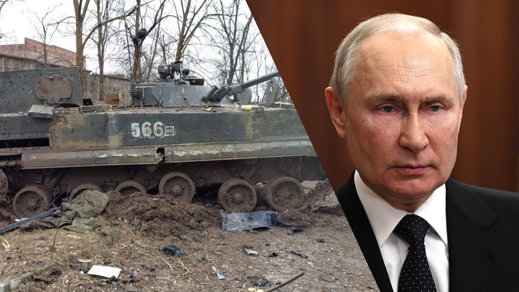 [Collage by News in Five // Zerstörter russischer Panzer / Archivbild / Destruction of Russian tanks by Ukrainian troops in Mariupol (4) by Ministry of Internal Affairs of Ukraine / CC BY 4.0. / Wladimir Putin / Archivbild (cropped) / Vladimir Putin (24.06.2023) by Kremlin.ru/ CC BY 4.0 (cropped) https://creativecommons.org/licenses/]