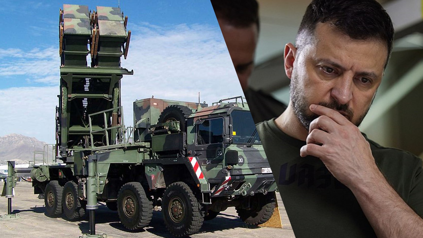 // Collage: News in Five / Pariot-Raketenabwehr / Archivbild / File:German Patriot missile launcher.jpg by Mark Holloway from Beatty, Nevada, USA / CC BY 2.0. / Wolodymyr Selenskyj / Archivbild / by PRESIDENT OF UKRAINE VOLODYMYR ZELENSKYY Official website is licensed under CC BY 4.0. (cropped) https://creativecommons.org/licenses/