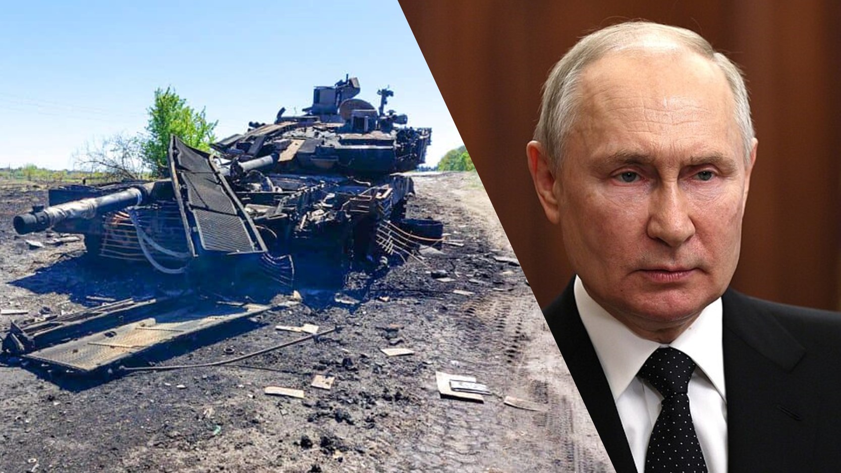 [Collage by News in Five // Destroyed T-90M of Russian Army 2 by АрміяInform / Archivbild (cropped) / CC BY 4.0 / Wladimir Putin / Archivbild (cropped) / Vladimir Putin (24.06.2023) by Kremlin.ru/ CC BY 4.0 (cropped) https://creativecommons.org/licenses/]