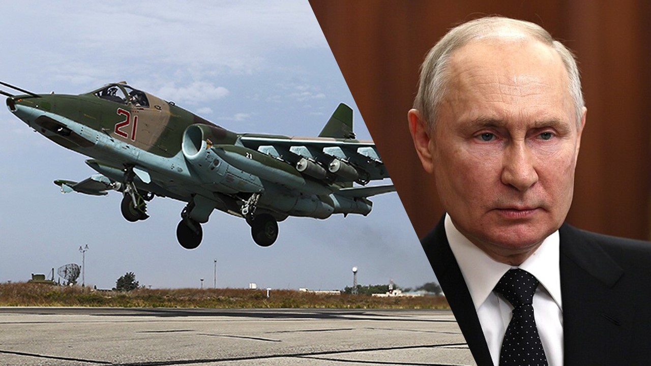 // Collage by News in Five / Su-25 / Archivbild / Russian Air Force Su-25 by aeroman3 is marked with Public Domain Mark 1.0. // Wladimir Putin / Archivbild / Vladimir Putin (24.06.2023) by Kremlin.ru licensed under CC BY 4.0 (cropped) https://creativecommons.org/licenses/