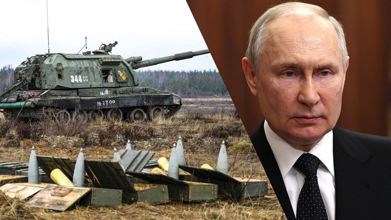 Collage by News in Five // Archivbild: Russische Artillerie / by Ministry of Defence of the Russian Federation is licensed under CC BY 4.0. (Cropped) Wladimir Putin / Archivbild / Vladimir Putin (24.06.2023) by Kremlin.ru licensed under CC BY 4.0 (cropped) https://creativecommons.org/licenses/