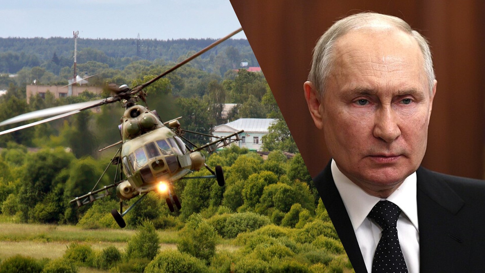 Collage by News in Five // [Mi-8 by Dmitry Terekhov is licensed under CC BY-SA 2.0. (cropped) / Wladimir Putin / Archivbild (cropped) / by Kremlin.ru/ CC BY 4.0 (cropped) https://creativecommons.org/licenses/