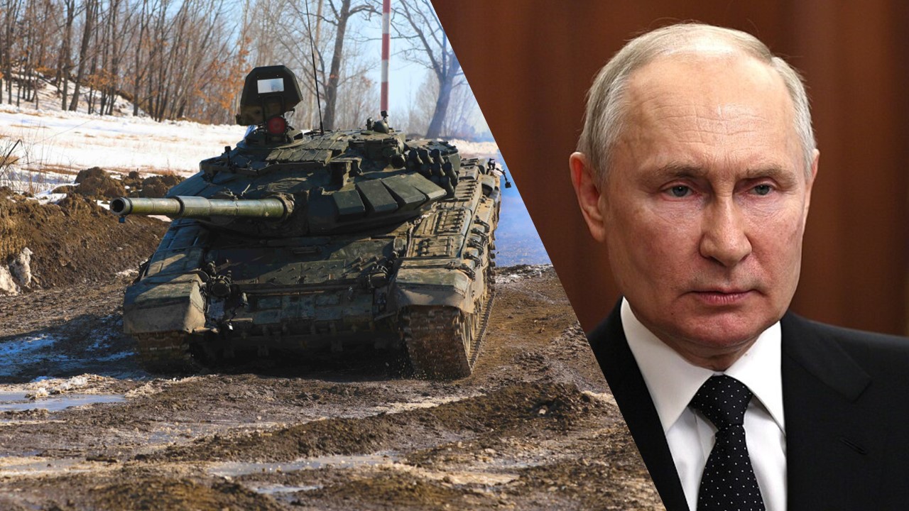 Collage by News in Five // Russischer Panzer / Archivbild zur Illustration (cropped) by Russian Federation Defence Ministry licensed under CC BY 4.0. Wladimir Putin / Archivbild / Vladimir Putin (24.06.2023) by Kremlin.ru licensed under CC BY 4.0 (cropped) https://creativecommons.org/licenses/